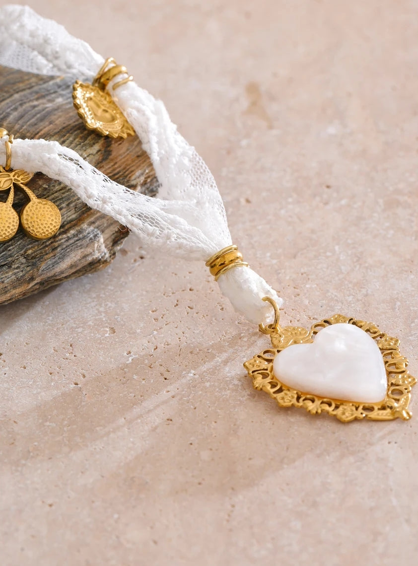Lace, Cherry & Natural Shell Heart Charm Necklace