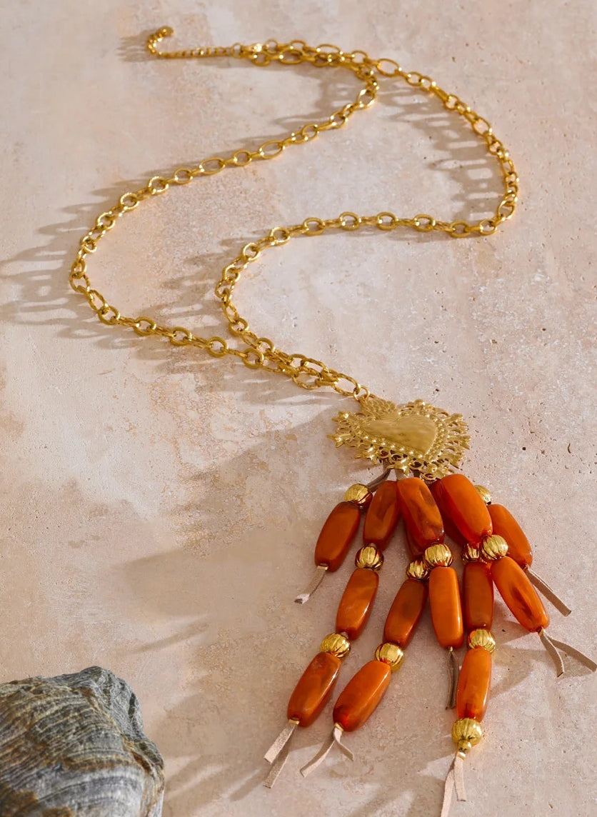Boho Gold Heart Pendant Necklace with Beads