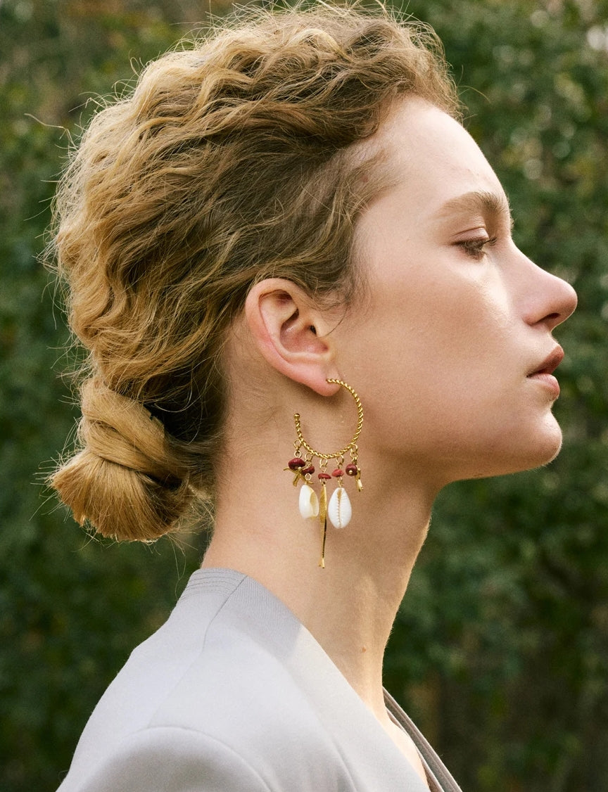 Natural Red Stone & Sea Charms Gold Hoop Earrings