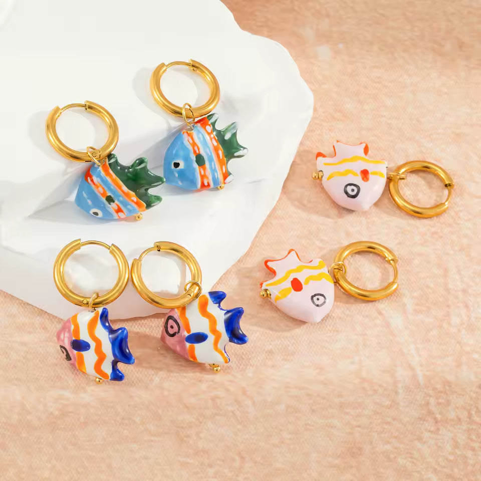 Hand Painted Ceramic Tropical Fish Hoop Earrings