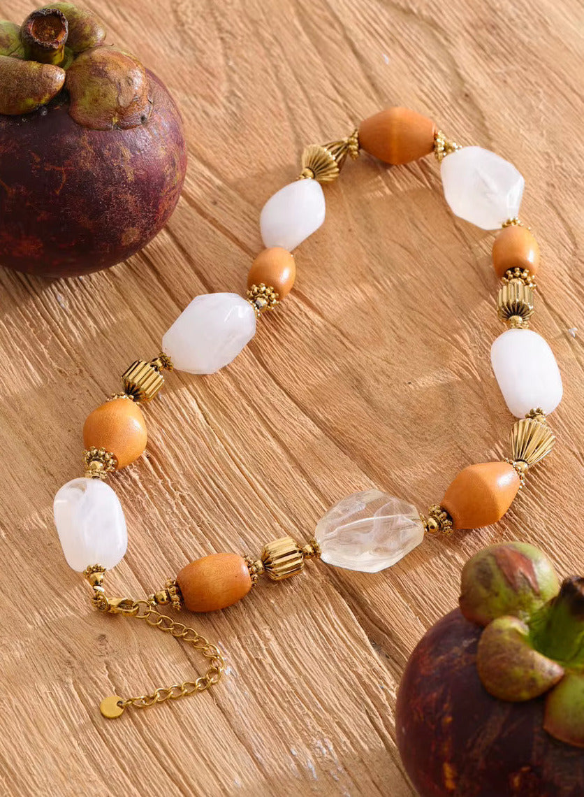 Resin Wood Beads Chain Statement Necklace