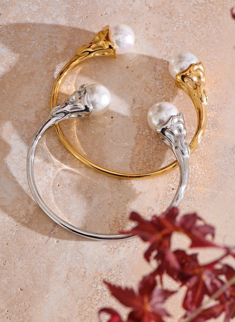 Baroque Style Gold Pearl Open Cuff Bracelet
