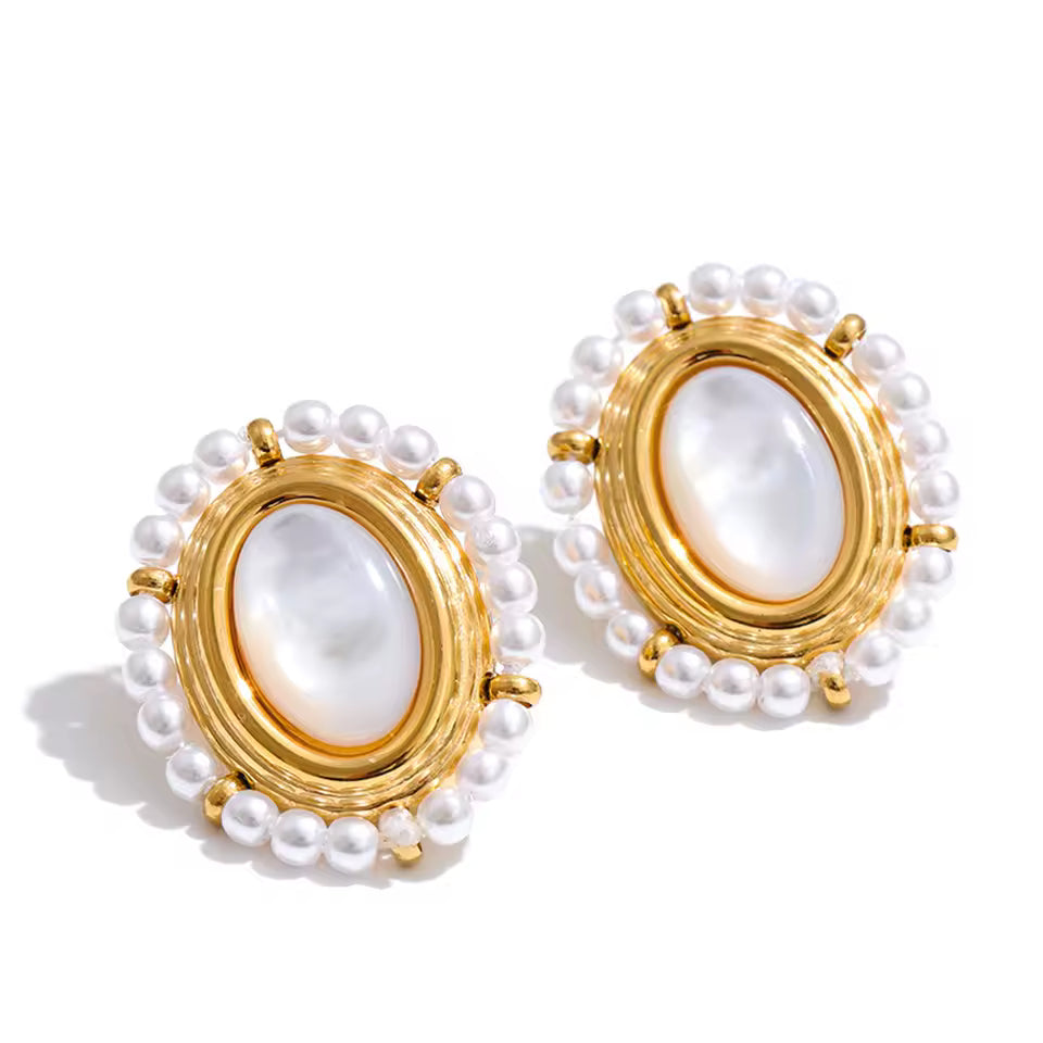 Inlaid Natural Shell and Simulated Pearls Stud Earrings