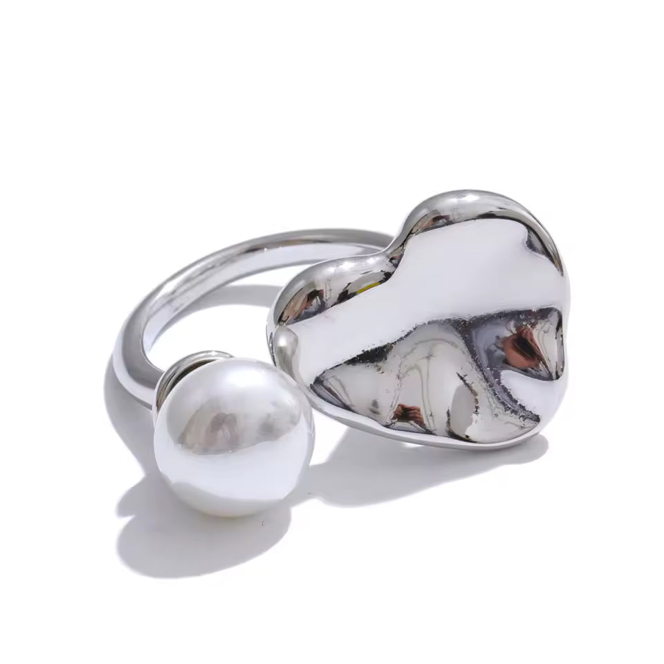Heart & Simulated Pearl Adjustable Ring