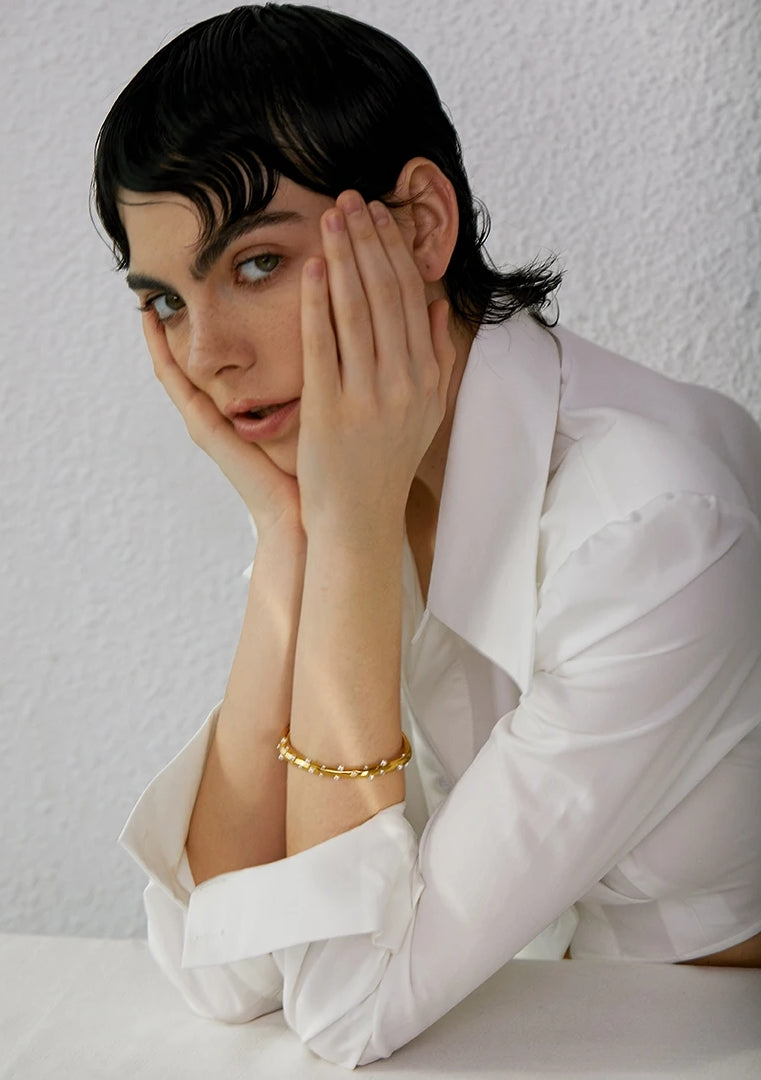 Inlaid Pearl Gold Open Cuff Bracelet