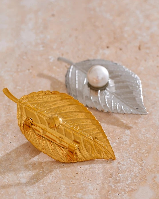 Leaf With Pearl Brooch