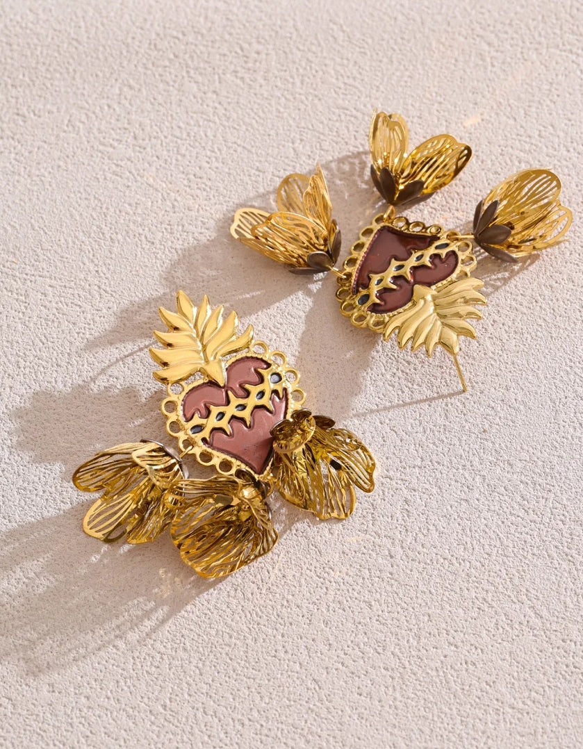 Purple Enamel Heart Flower Petal Dangle Earrings
