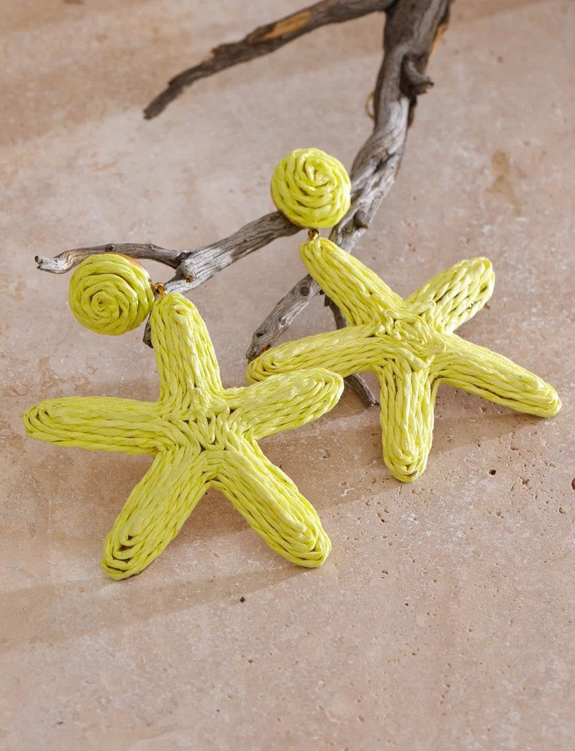Green Raffia Starfish Dangle Earrings