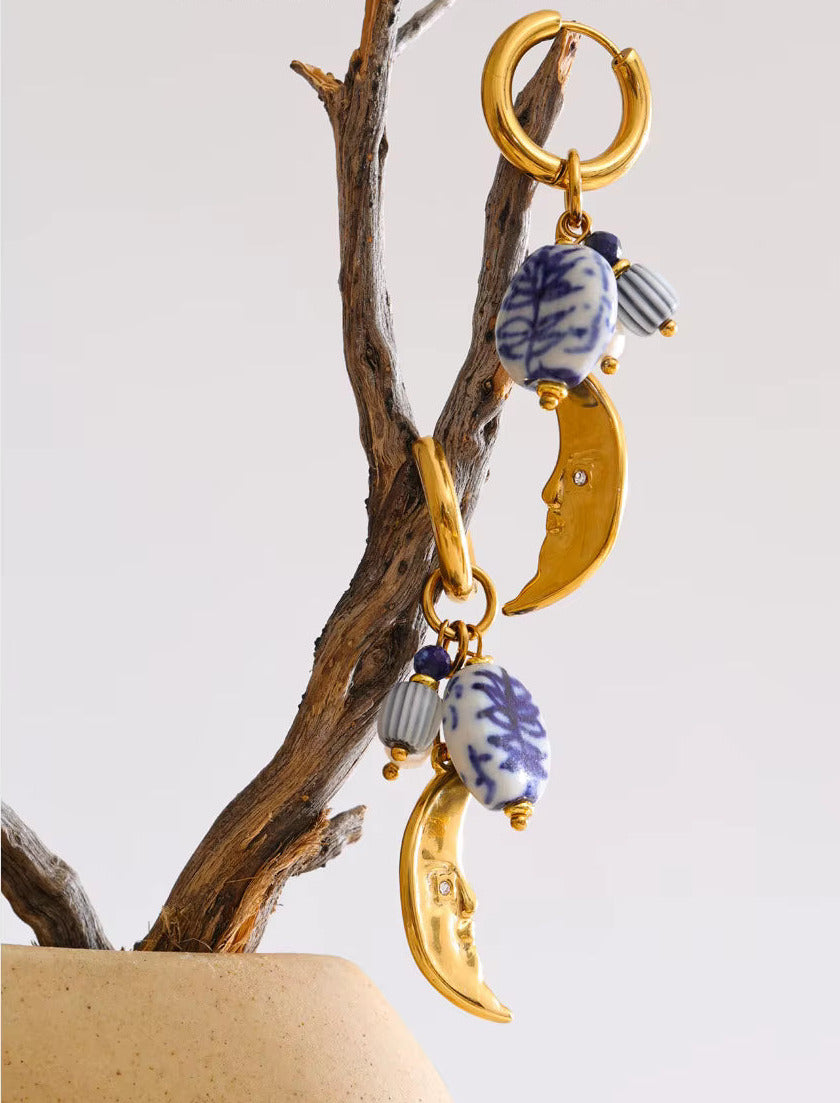 Ceramic Charm Simulated Pearl Moon Hoop Earrings