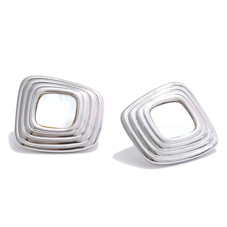Asymmetric Square Stud Earrings with Shell Detail