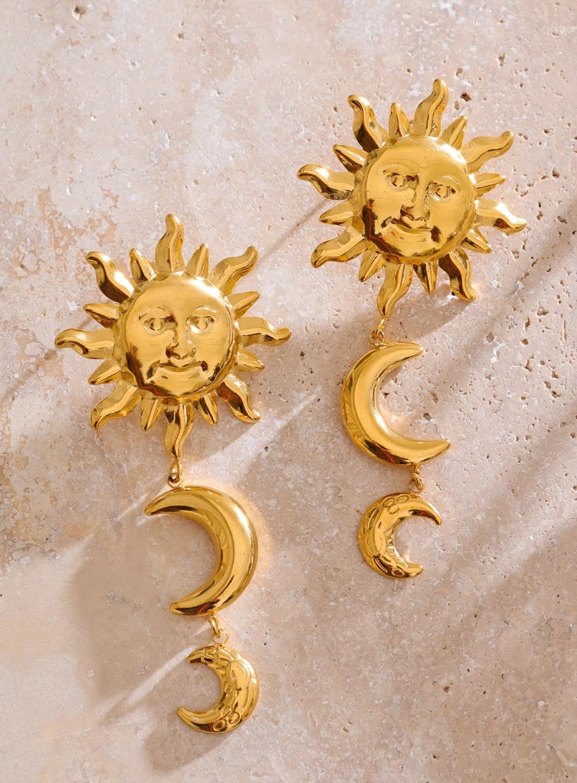 Sun and Double Moon Dangle Earrings