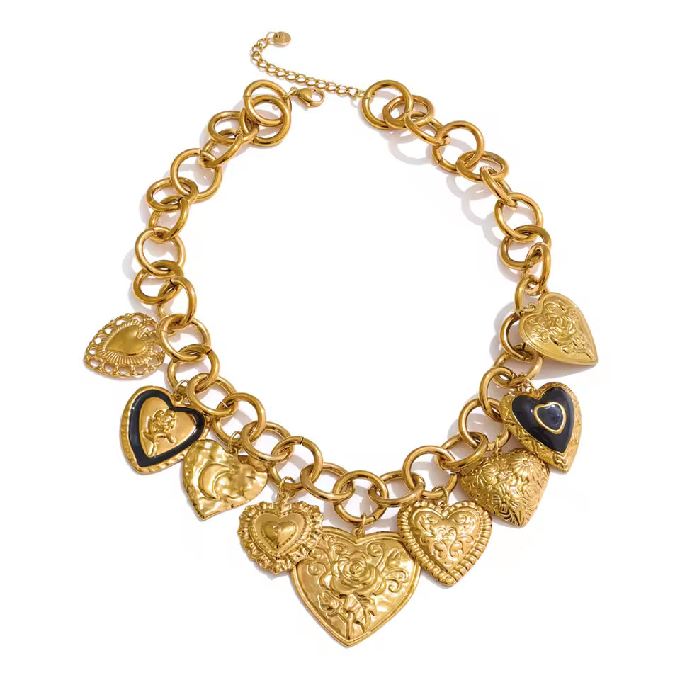 Mix Engraved Heart Multi Charm Necklace