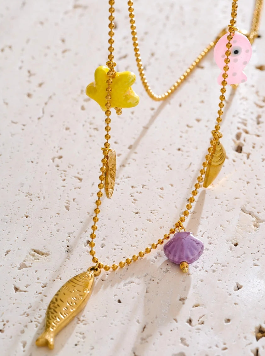 Colorful Ceramic Sea Charm Necklace with Gold Chain