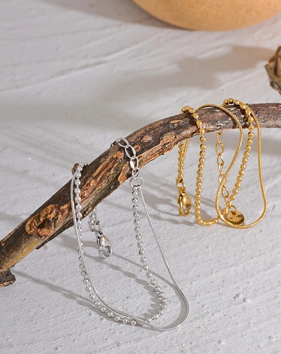 Flat & Bead Chains Double Layer Bracelet