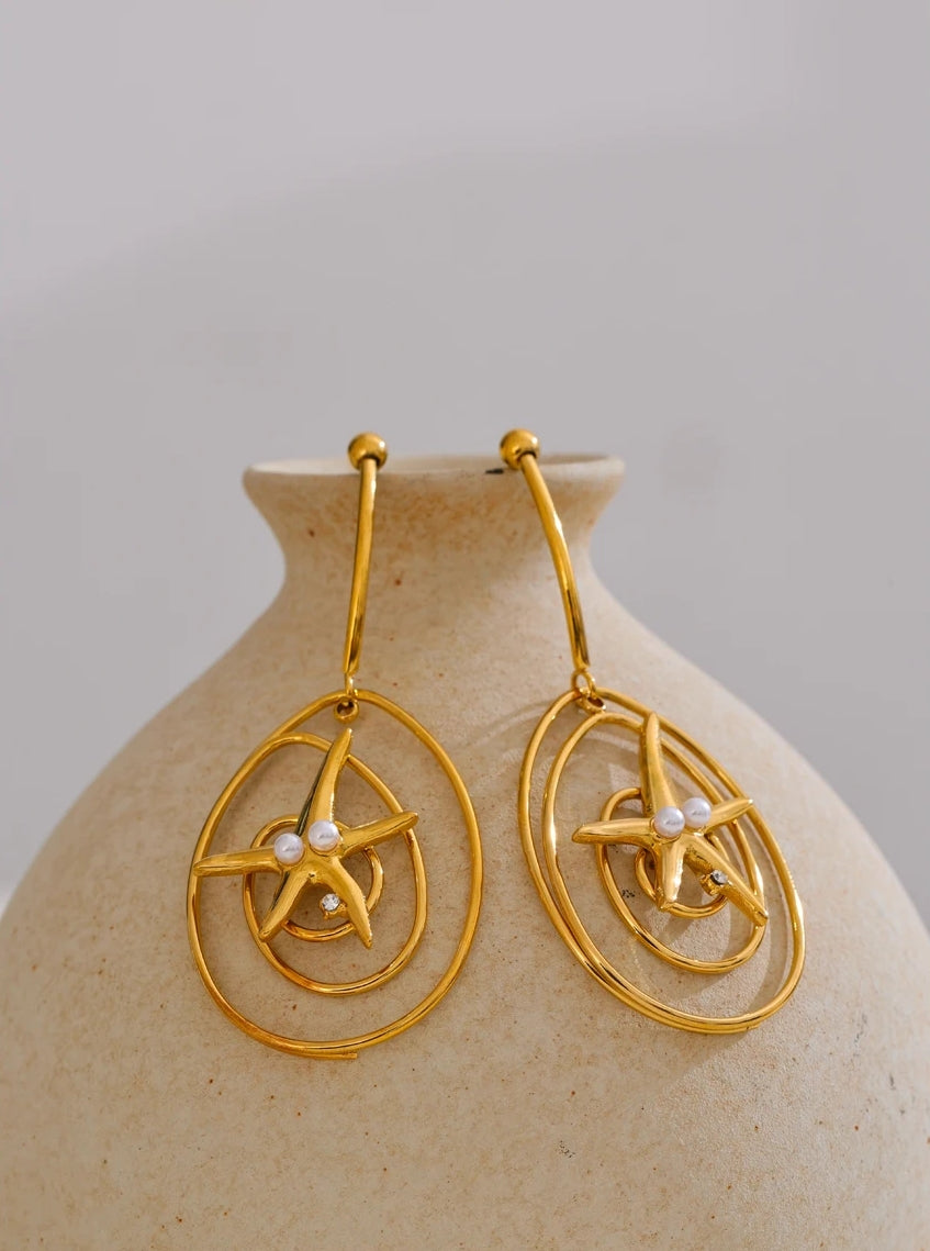 Golden Spiral Starfish Dangle Earrings