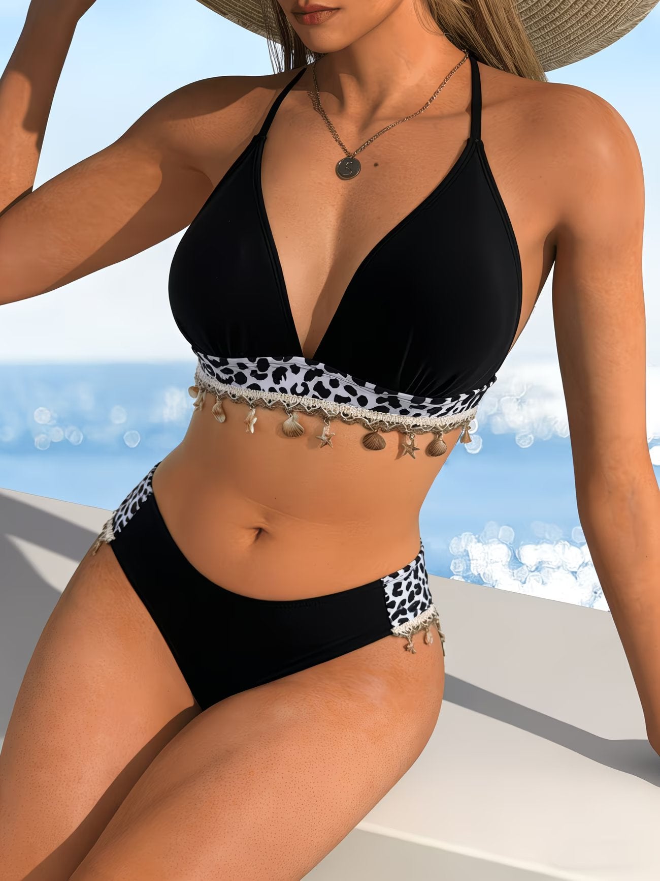Leopard Printed Metal Charm Tassel High-Waisted Black Bikini Set