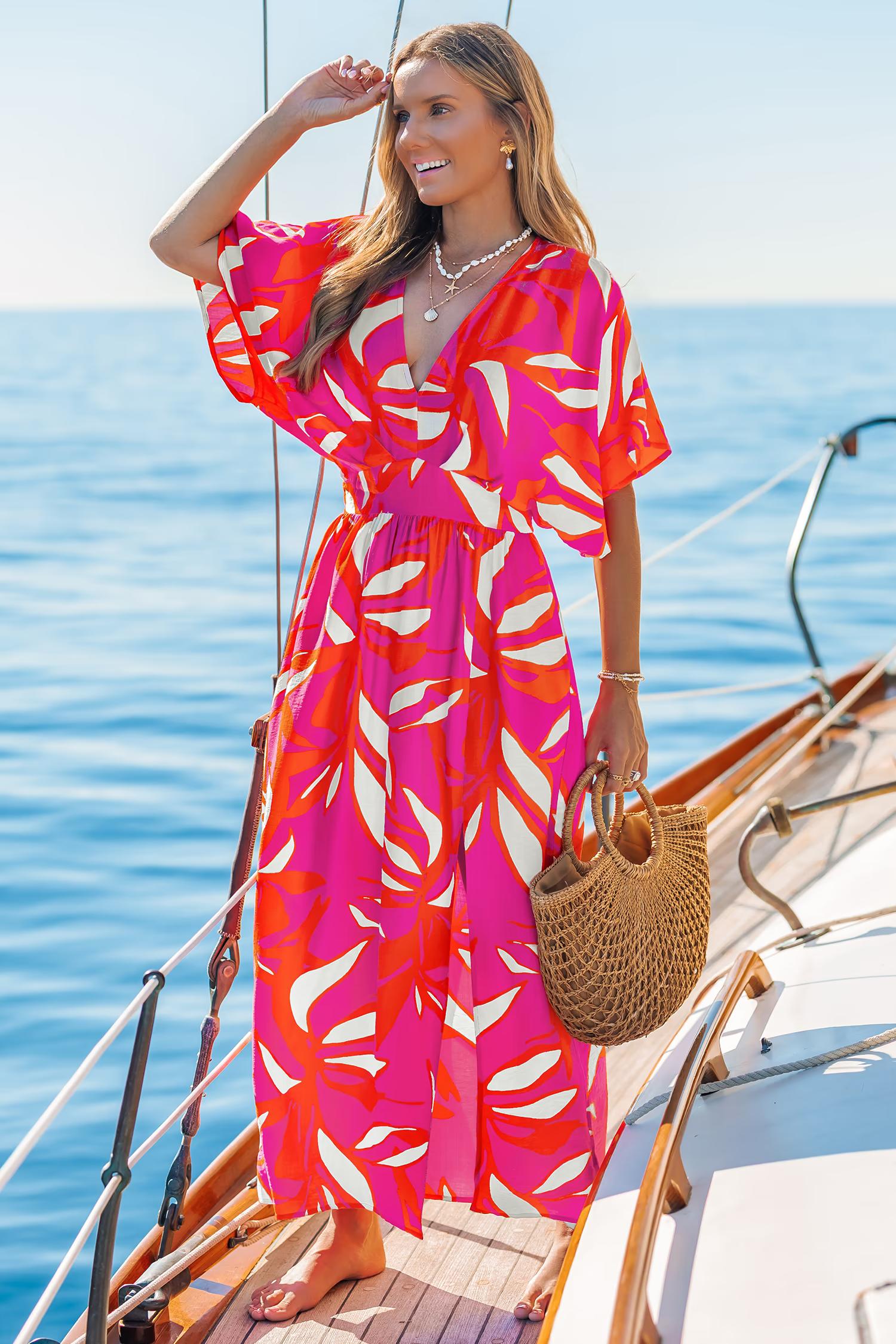 Tropical V-Neck Dolman Sleeve Midi Dress