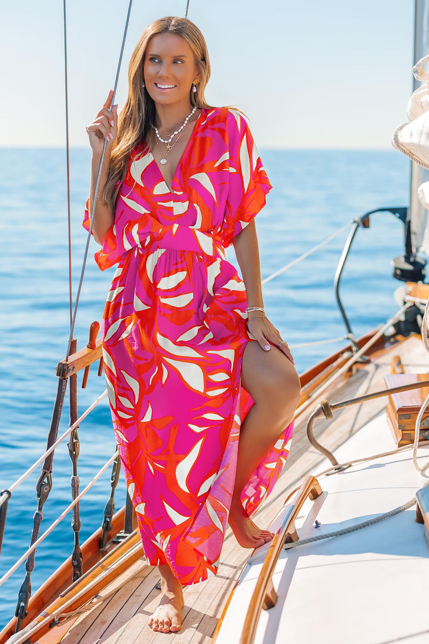 Tropical V-Neck Dolman Sleeve Midi Dress