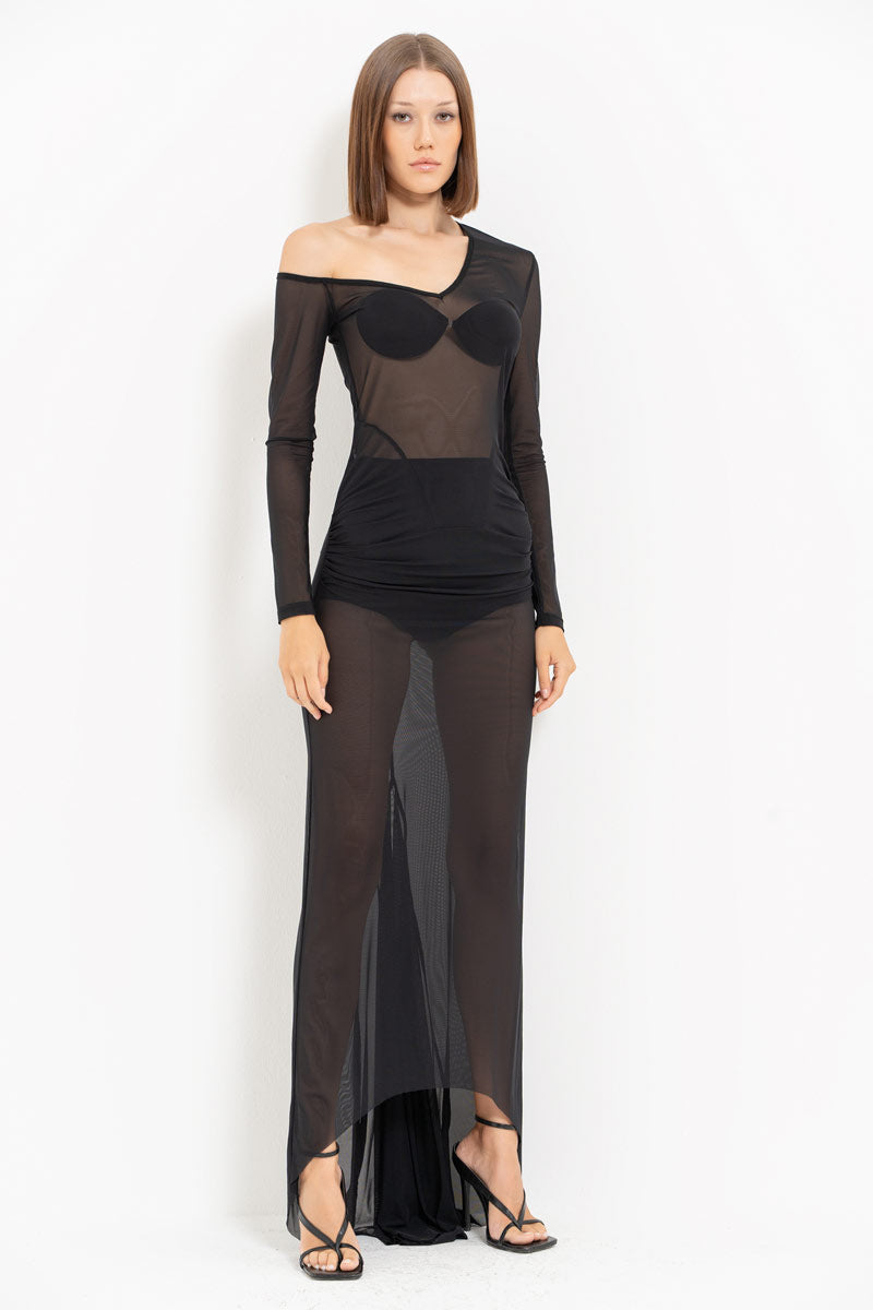 Black Boat Neck Sheer Maxi Dress