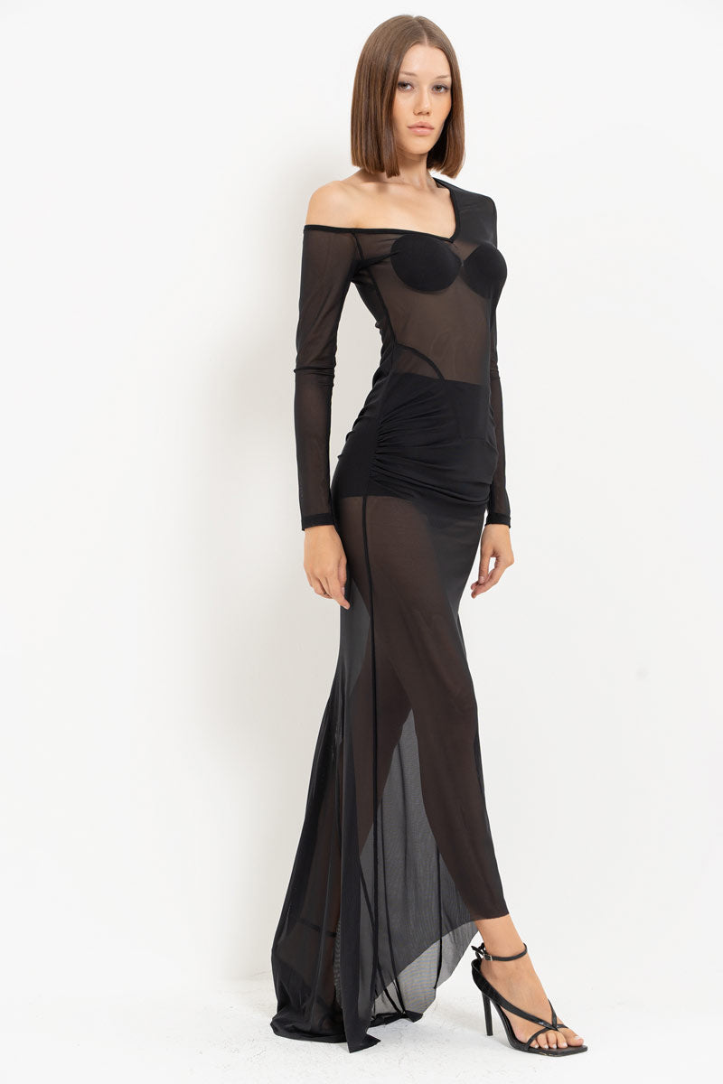 Black Boat Neck Sheer Maxi Dress