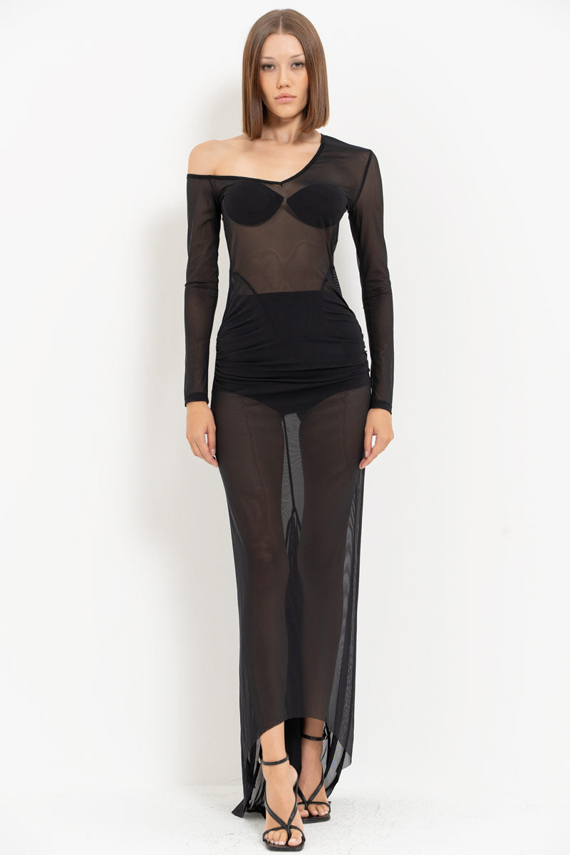 Black Boat Neck Sheer Maxi Dress