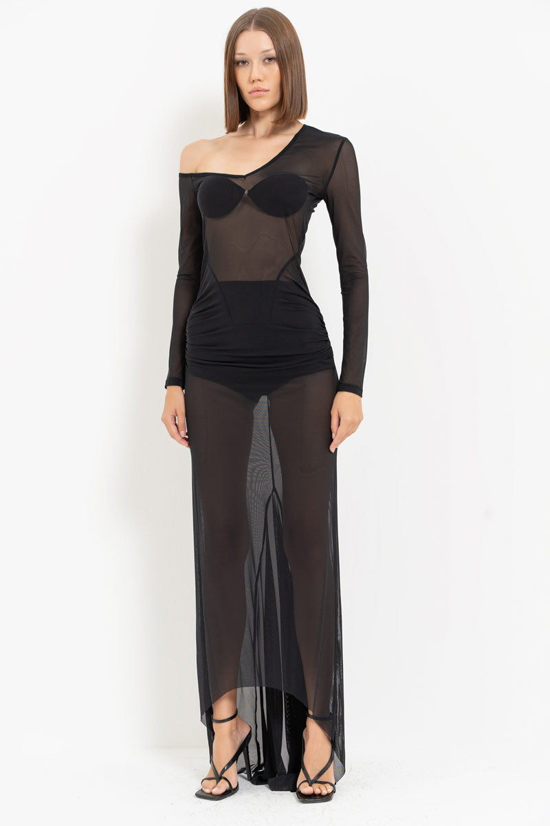Black Boat Neck Sheer Maxi Dress