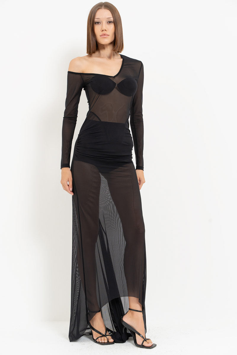 Black Boat Neck Sheer Maxi Dress