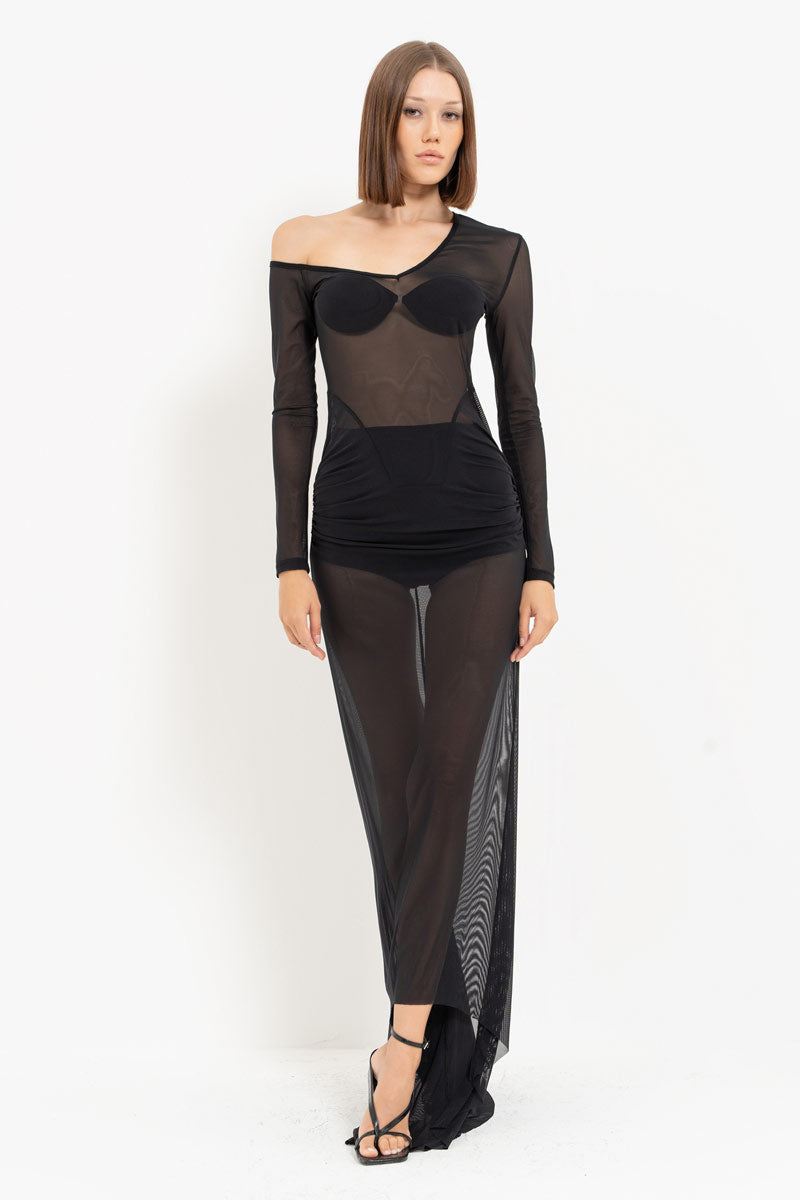 Black Boat Neck Sheer Maxi Dress