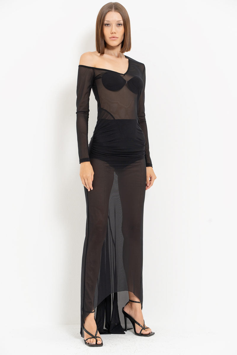 Black Boat Neck Sheer Maxi Dress