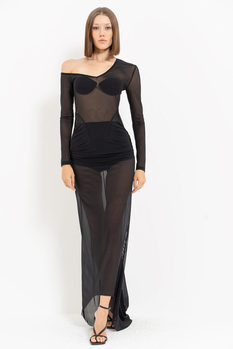Black Boat Neck Sheer Maxi Dress