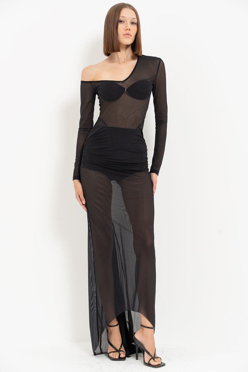 Black Boat Neck Sheer Maxi Dress