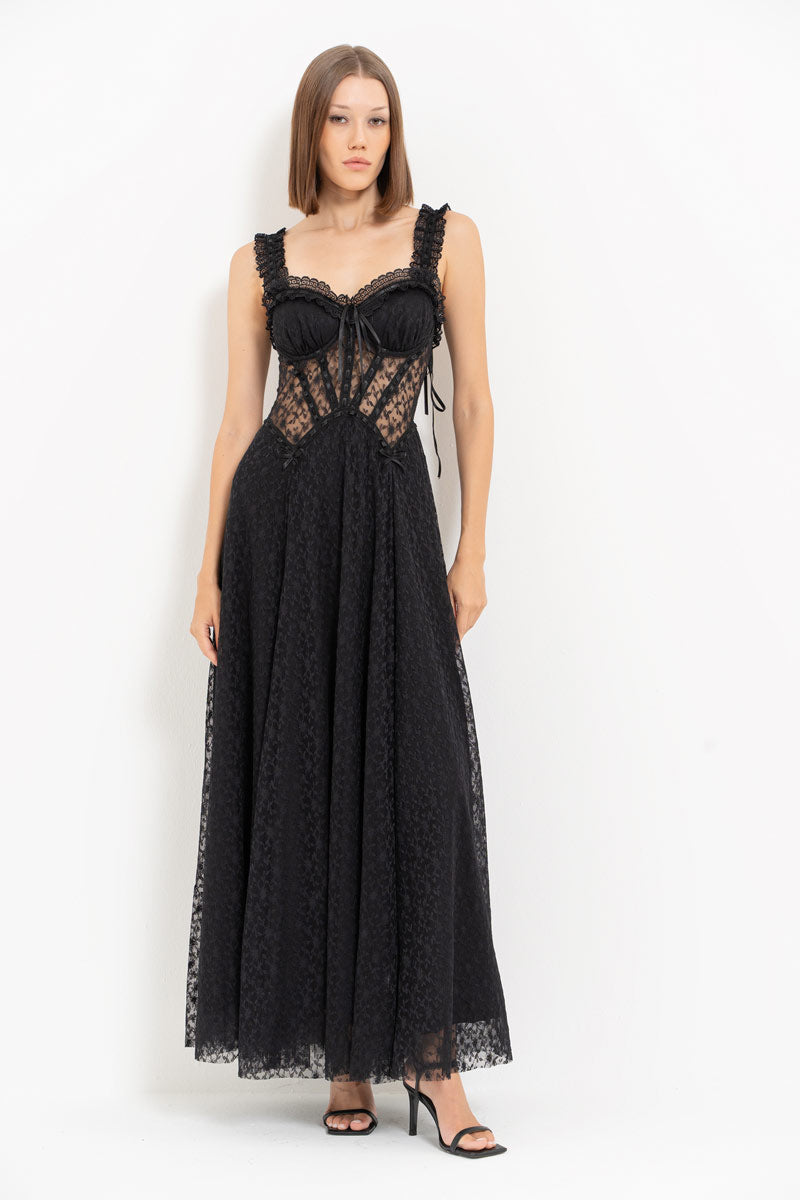 Black Lace Detail Romantic Maxi Dress
