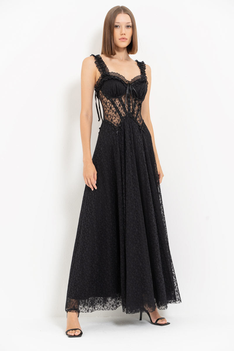 Black Lace Detail Romantic Maxi Dress