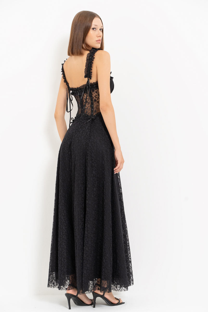 Black Lace Detail Romantic Maxi Dress