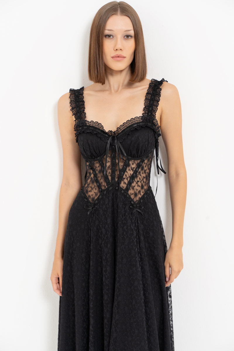 Black Lace Detail Romantic Maxi Dress