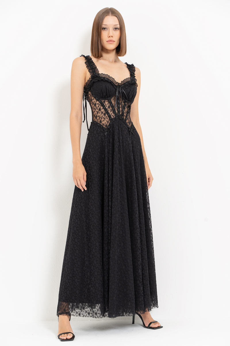 Black Lace Detail Romantic Maxi Dress