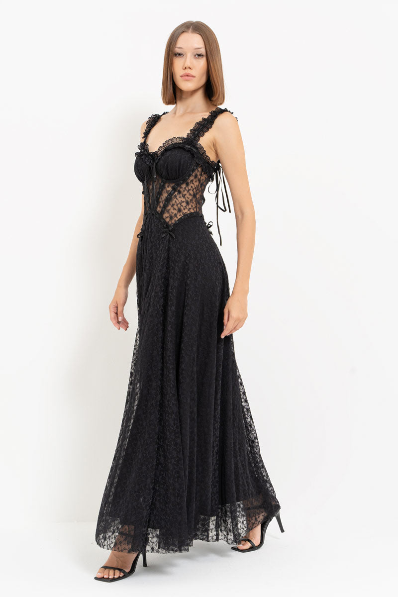 Black Lace Detail Romantic Maxi Dress