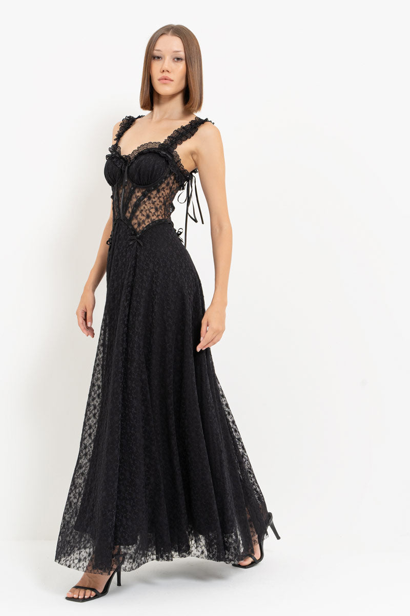 Black Lace Detail Romantic Maxi Dress