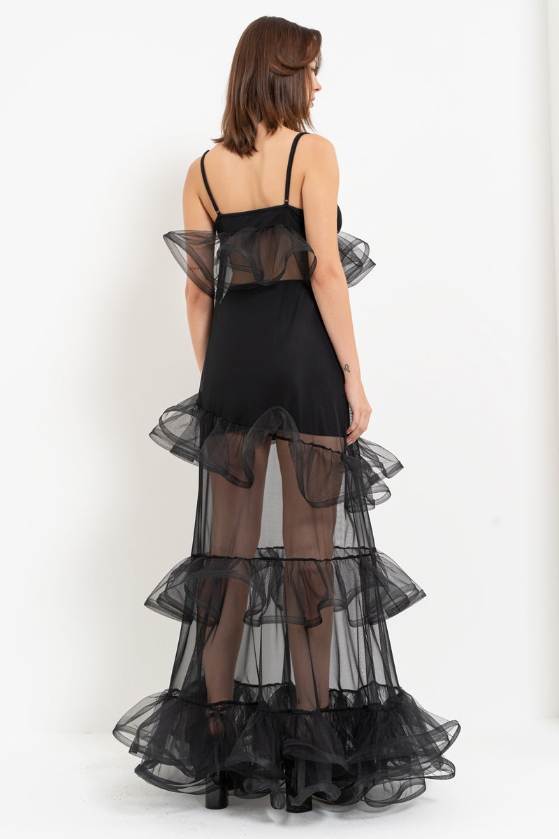 Black Maxi Tulle Dress with Flounce Detail