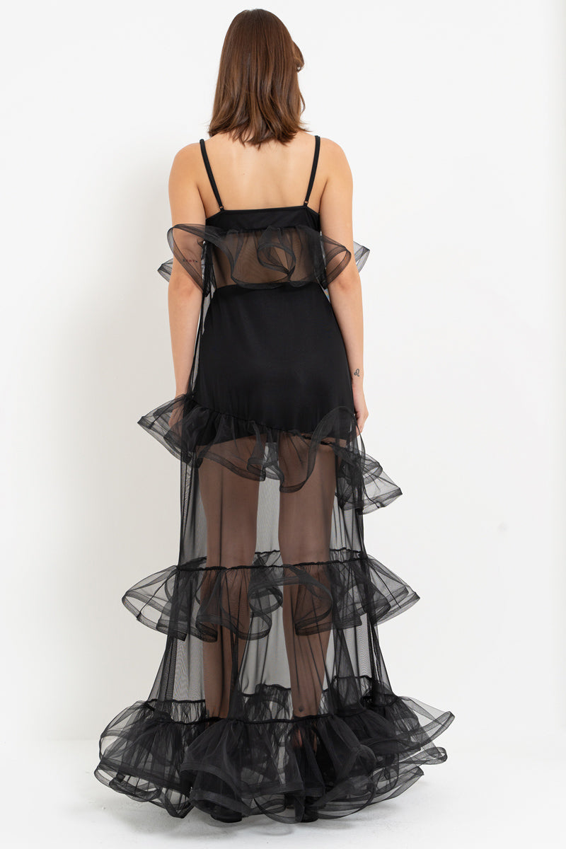 Black Maxi Tulle Dress with Flounce Detail