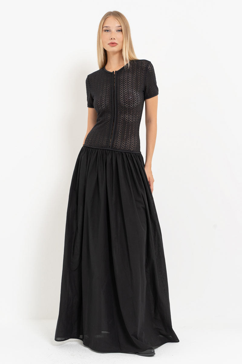 Black Mesh Detail Hooked Maxi Dress