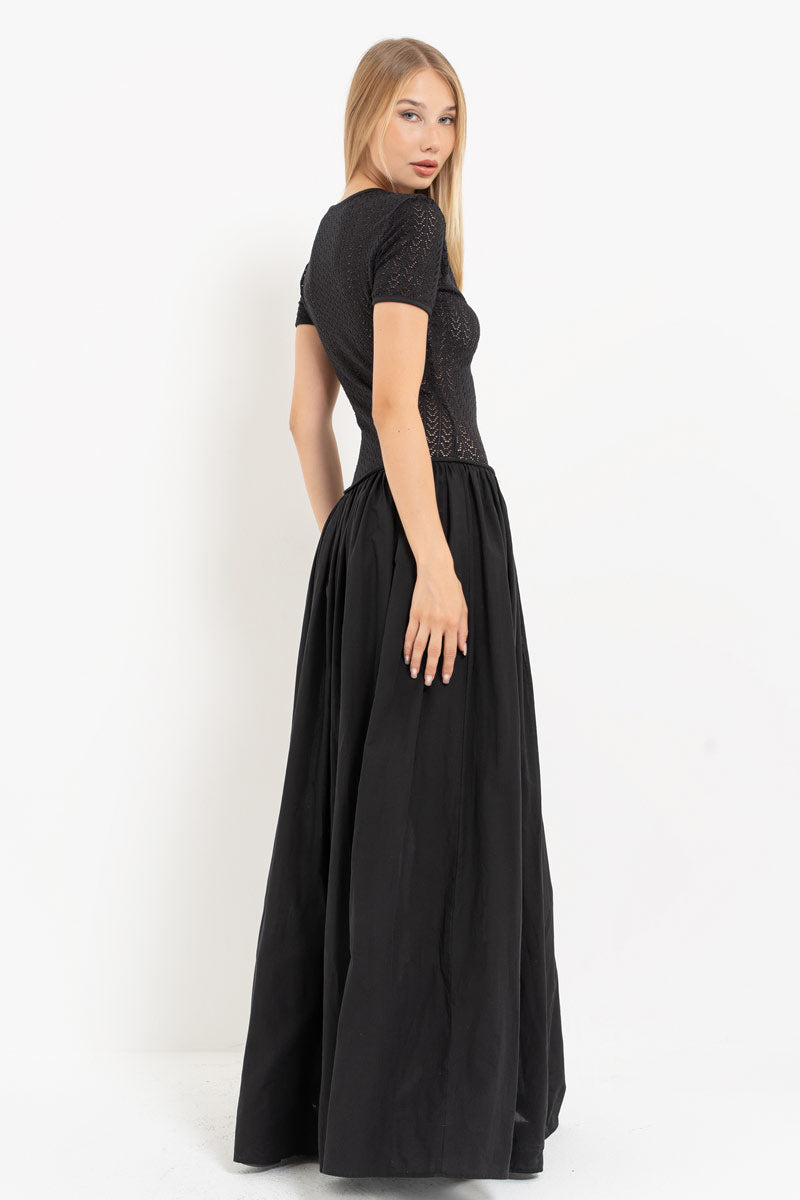 Black Mesh Detail Hooked Maxi Dress