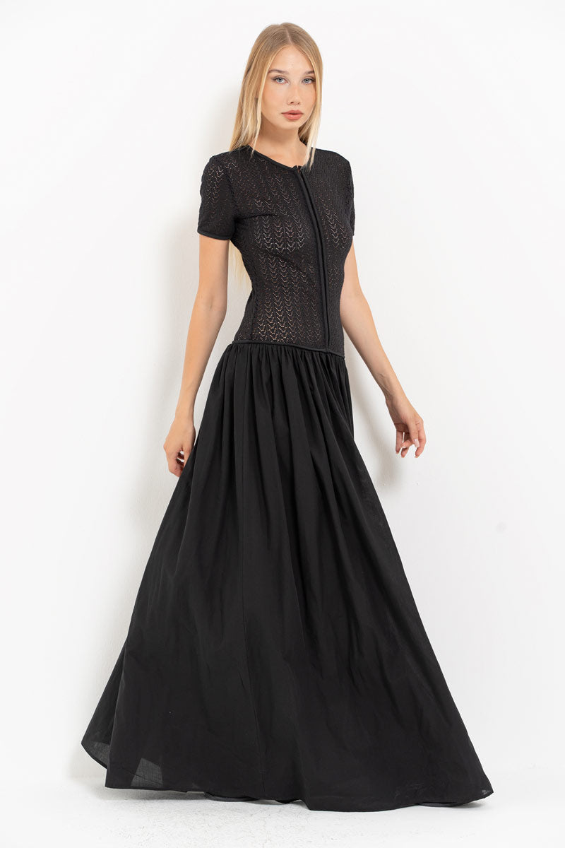 Black Mesh Detail Hooked Maxi Dress