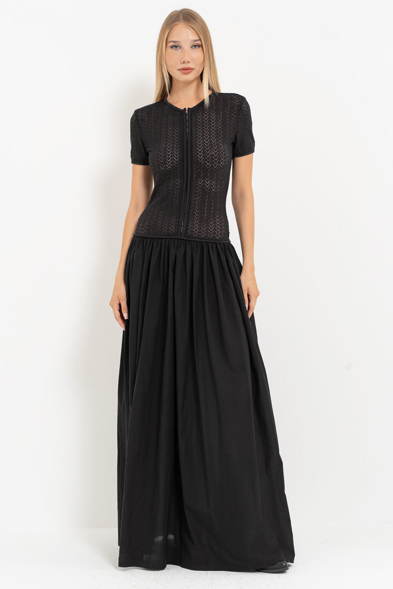 Black Mesh Detail Hooked Maxi Dress
