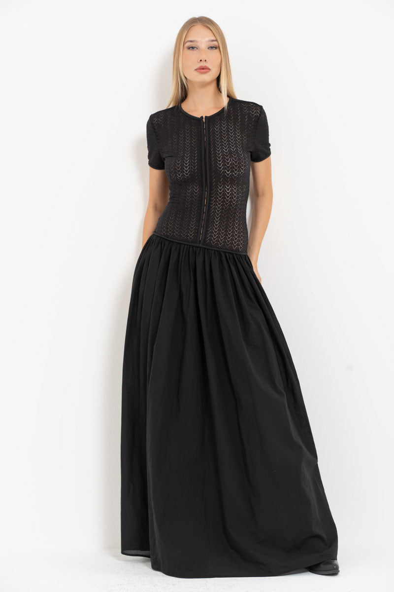 Black Mesh Detail Hooked Maxi Dress