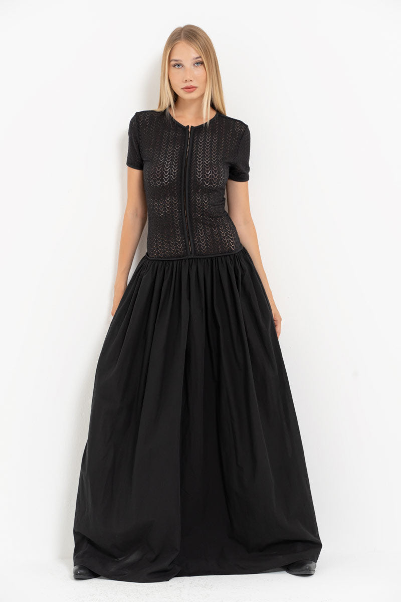 Black Mesh Detail Hooked Maxi Dress