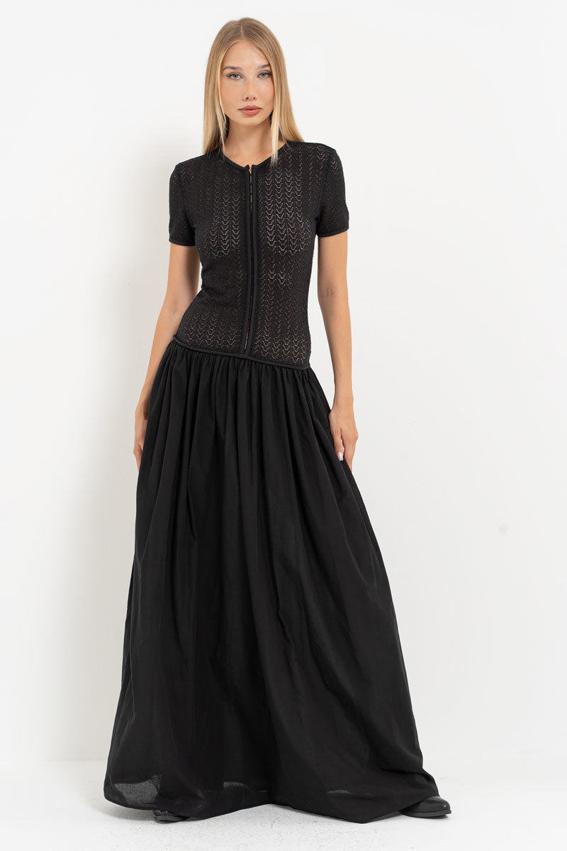 Black Mesh Detail Hooked Maxi Dress