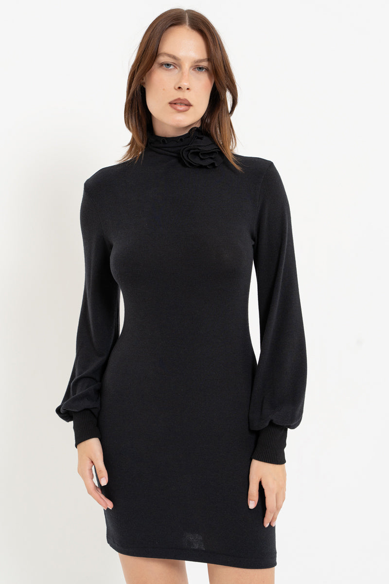 Black Rose Detail High-Neck Dress