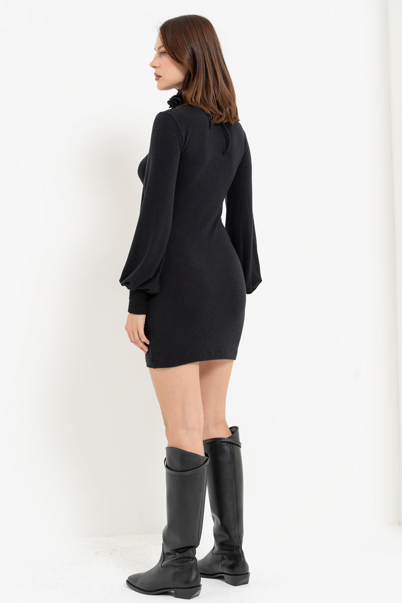 Black Rose Detail High-Neck Dress