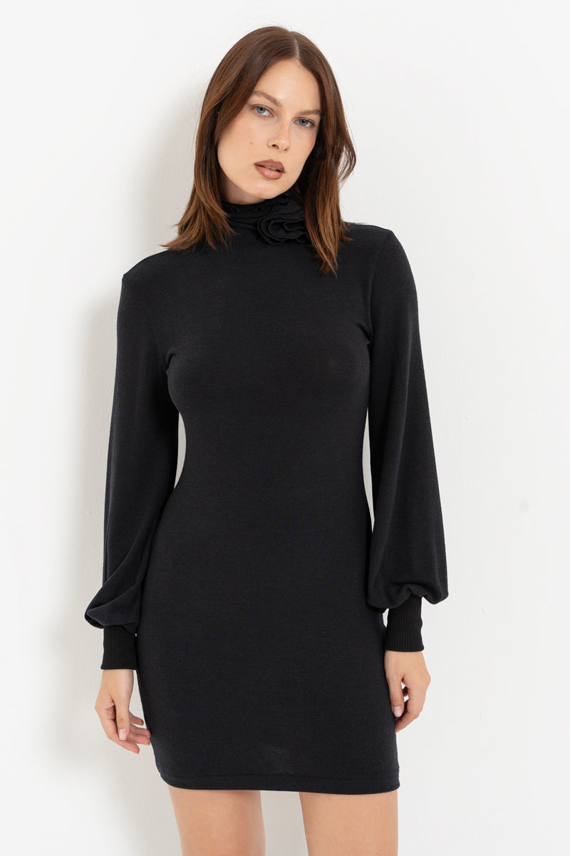 Black Rose Detail High-Neck Dress